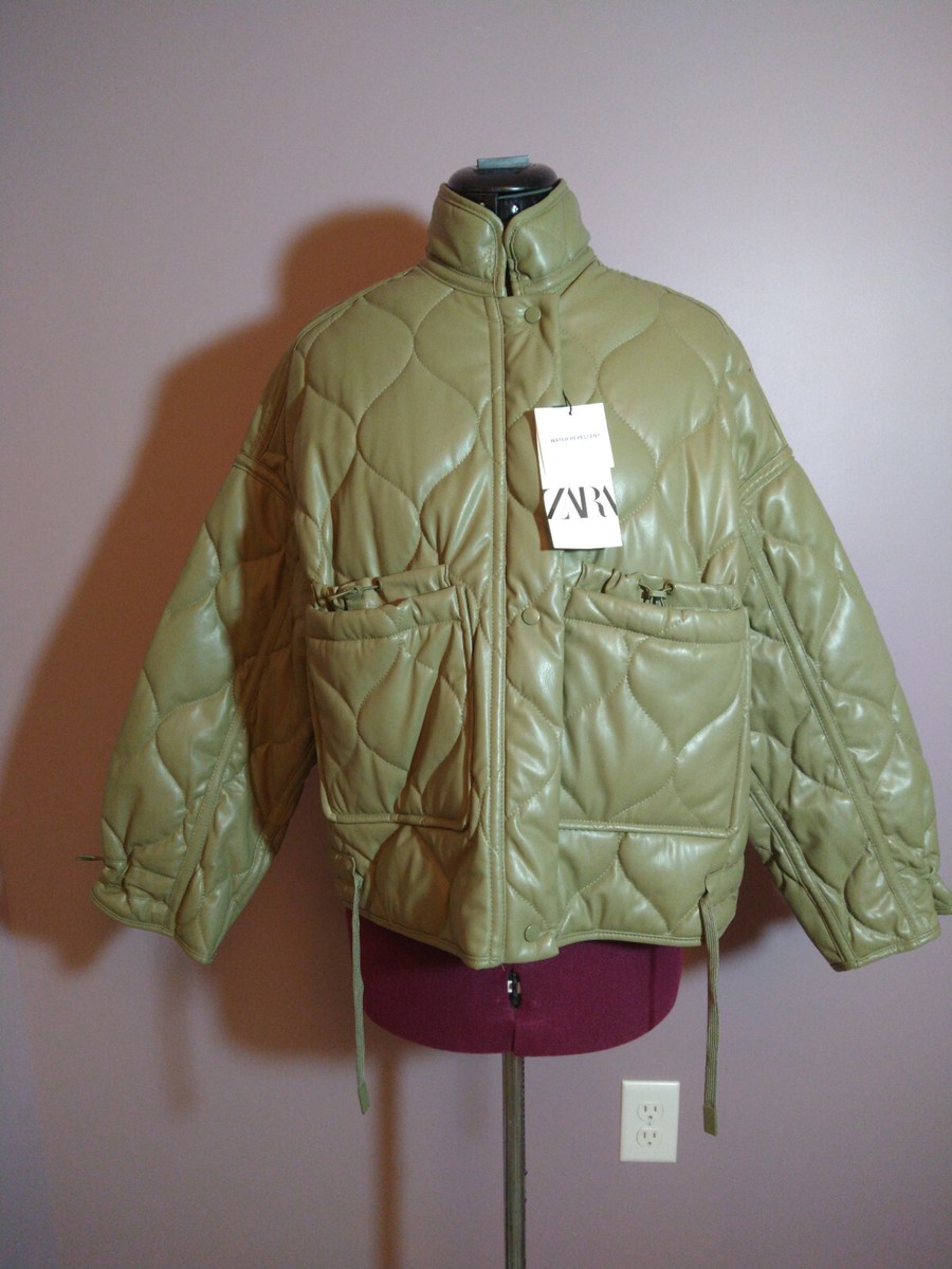 NWT ZARA FAUX LEATHER PADDED JACKET WATER REPELLENT OLIVE GREEN