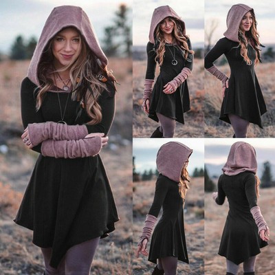 Women Ladies Long Sleeve Hooded Dress 