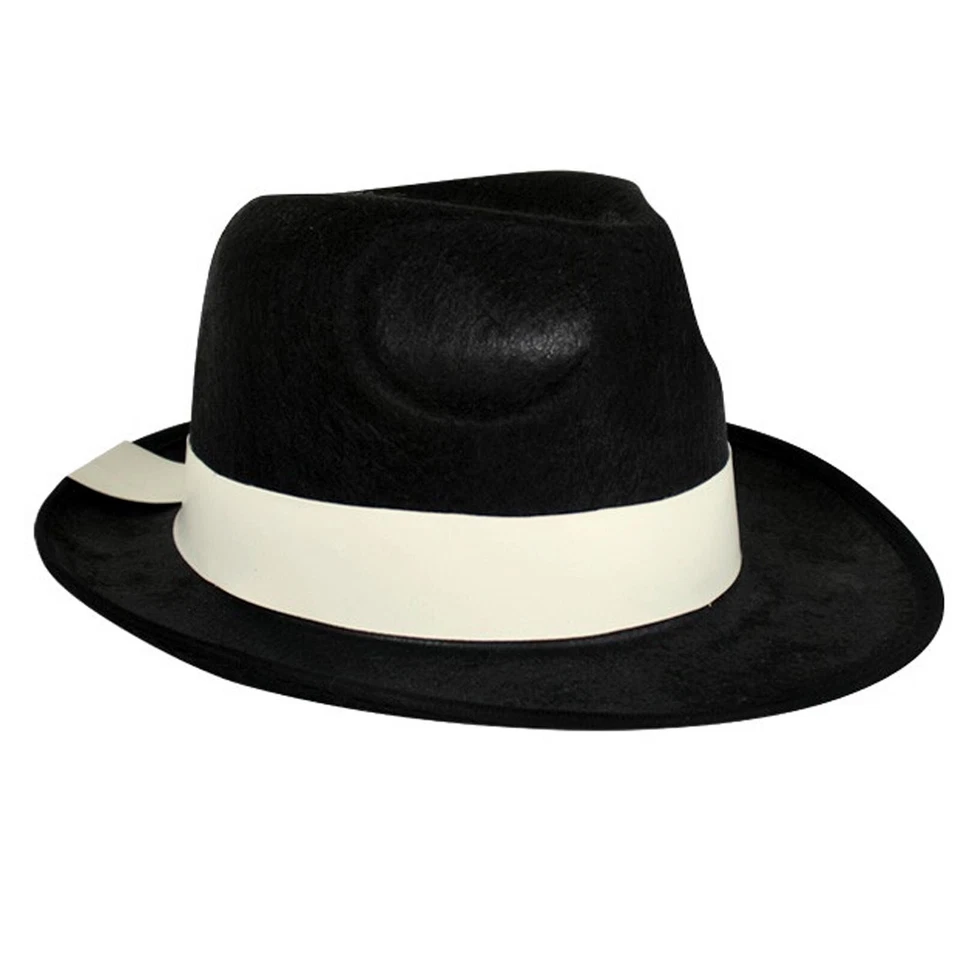 Black Gangster Hat Mens Fedora Costume Black Feltex Off White Band 1920s - image 2 of 2