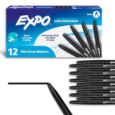EXPO Wet Erase Markers, Semi-Permanent, Black, 12 Count Pack of 1 , Black