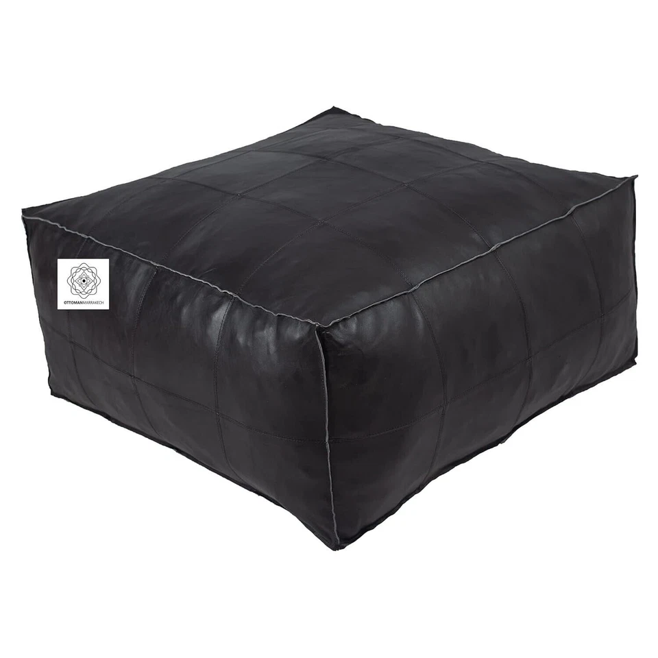 Moroccan Leather Footstool Ottoman Boho Pouffe New 30'' Unstuffed Genuine Black - Image 2 of 4