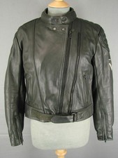 FRANK THOMAS BLACK LEATHER BIKER JACKET WITH BACK & ELBOW PROTECTORS: SIZE 12