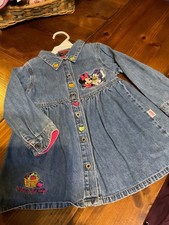 Rare Vtg 90s Disney Mickey And Minnie 3T Dress denim Embroiderd