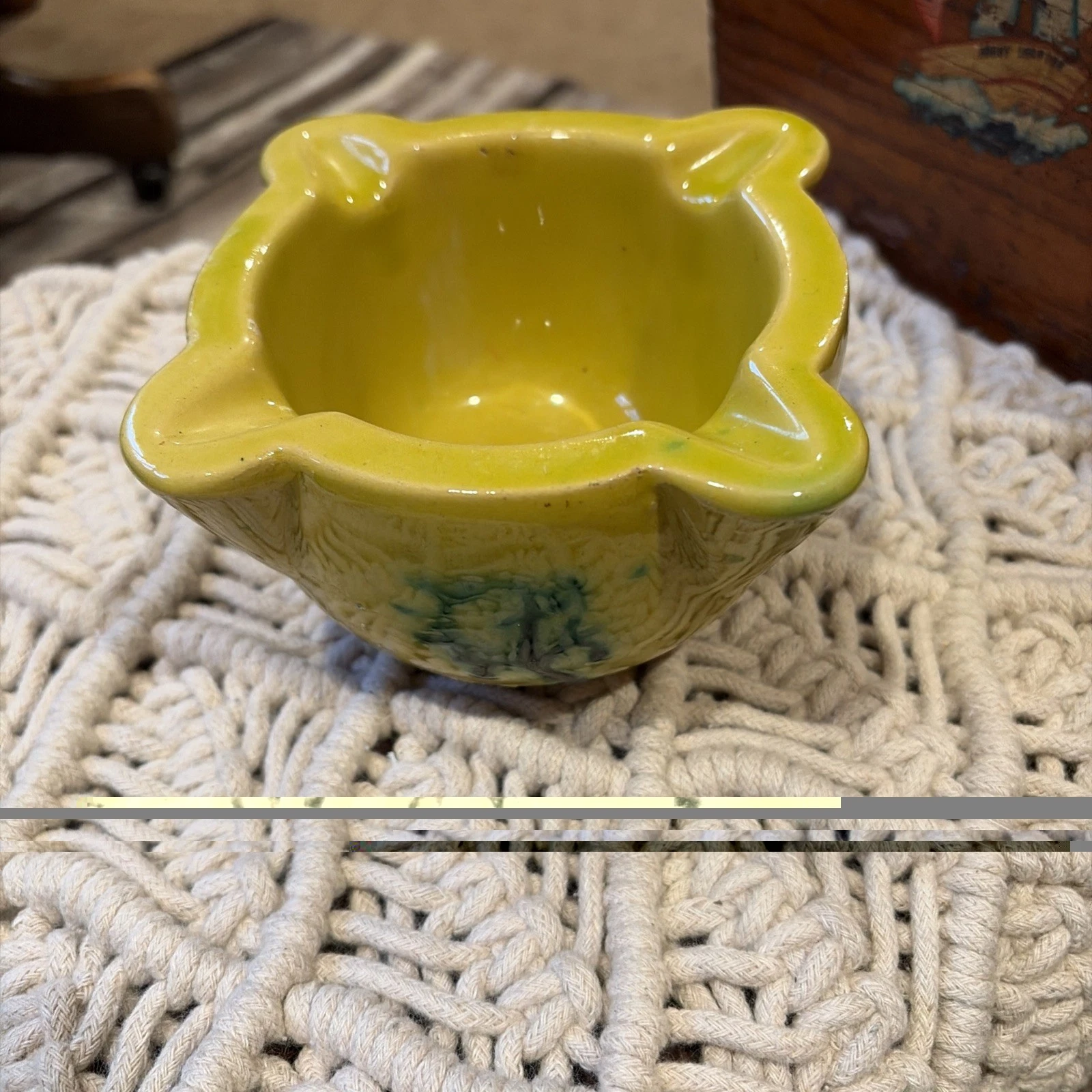 Vntg Traditional Spanish Yellow Ceramic Pottery Mortar Yellow glazed Ash Tray 17
