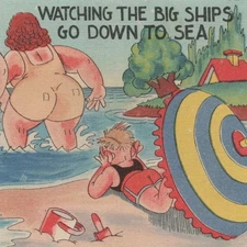 Fat-Shaming 1940s Comic Postcard Chubby Overweight Beach Ladies Butt Humor VTG.