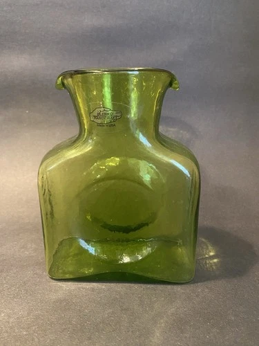 Blenko 384M Green Glass Mini Water Bottle Double Spout Stamped 2016 As Is
