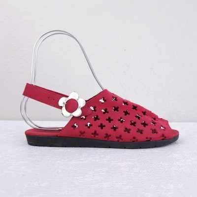 ARCHE Sandals Women's 39 US 8 Red Nubuck Perforated Cut Out Flats Floral Buckle