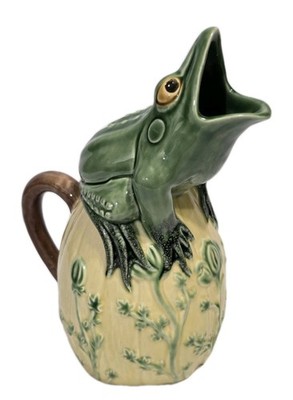 Bordallo Pinheiro Majolica Frog Pitcher Vessel Hand Painted Portugal