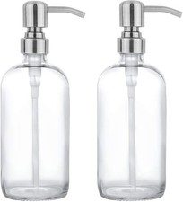 2 Pack 16oz Clear Glass Dispenser Bottles with Steel Pump for Lotion Liquid Soap