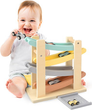 Wooden Car Ramp Toy for 1-2 Year Old Boys & Girls Click Clack Track with 4 Mini
