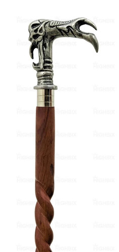 Antique Aluminum Design Head Handle Wooden Walking Stick Cane Style - Picture 4 of 4