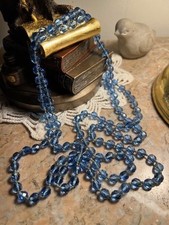 Collier perles cristal de Bohême Tchèque bleu nouées ancien Art Déco 140 cm