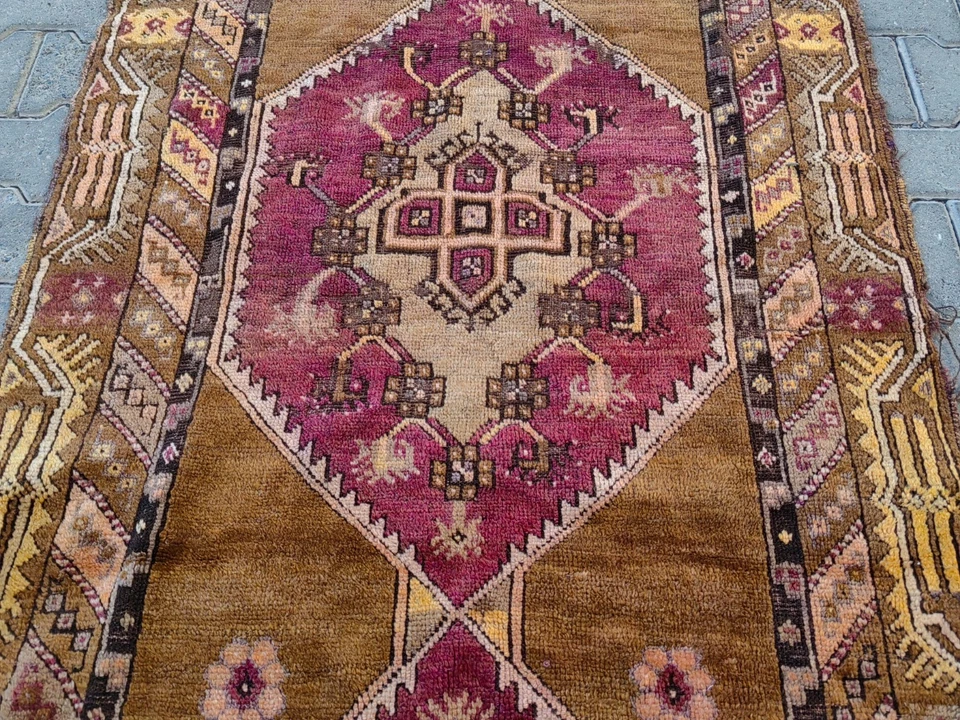 Vintage Turkish Runner Rug 3.6x9.6 ft | Magenta Camel Anatolian Carpet - Image 3 of 4