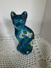 FENTON ART GLASS 2004 CELESTE BLUE STRETCH HP "DANCING DASIES" STYLIZED CAT FIGU