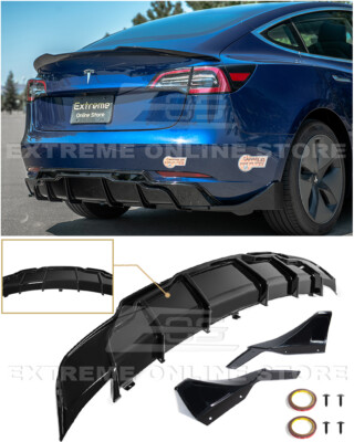 For 17-23 Tesla Model 3 Track Style Glossy Black Rear Bumper Lip Pair Diffuser