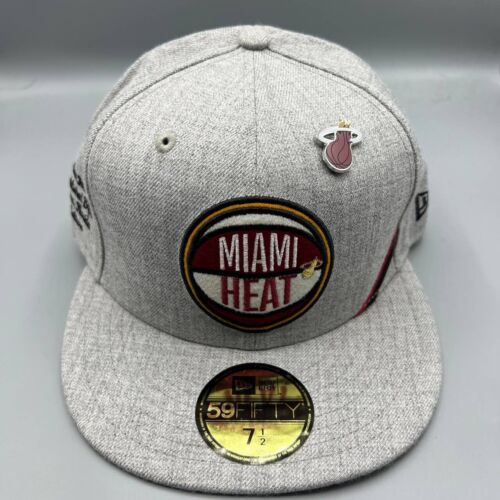 Miami Heat Hat Men 7 1/2 Gray Black 59Fifty New Era Fitted Cap New with Pin