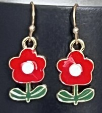 Red Flowers and Gold Tone Dangle Earrings. Bloom