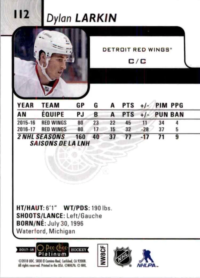 2017-18 O-Pee-Chee Platinum Dylan Larkin #112 - Image 2 of 2