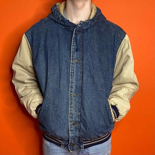 Denim Varsity Jacket Mens L Tan Sleeves 