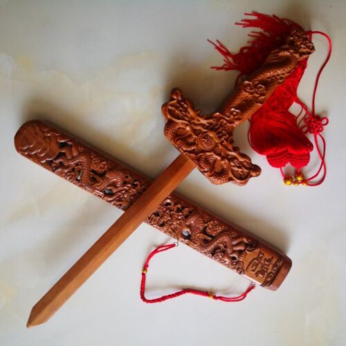 24" Dragon Carved Peach Wood Sword Lucy Blessing Exorcise Evil Feng Shui Home - Picture 3 of 3