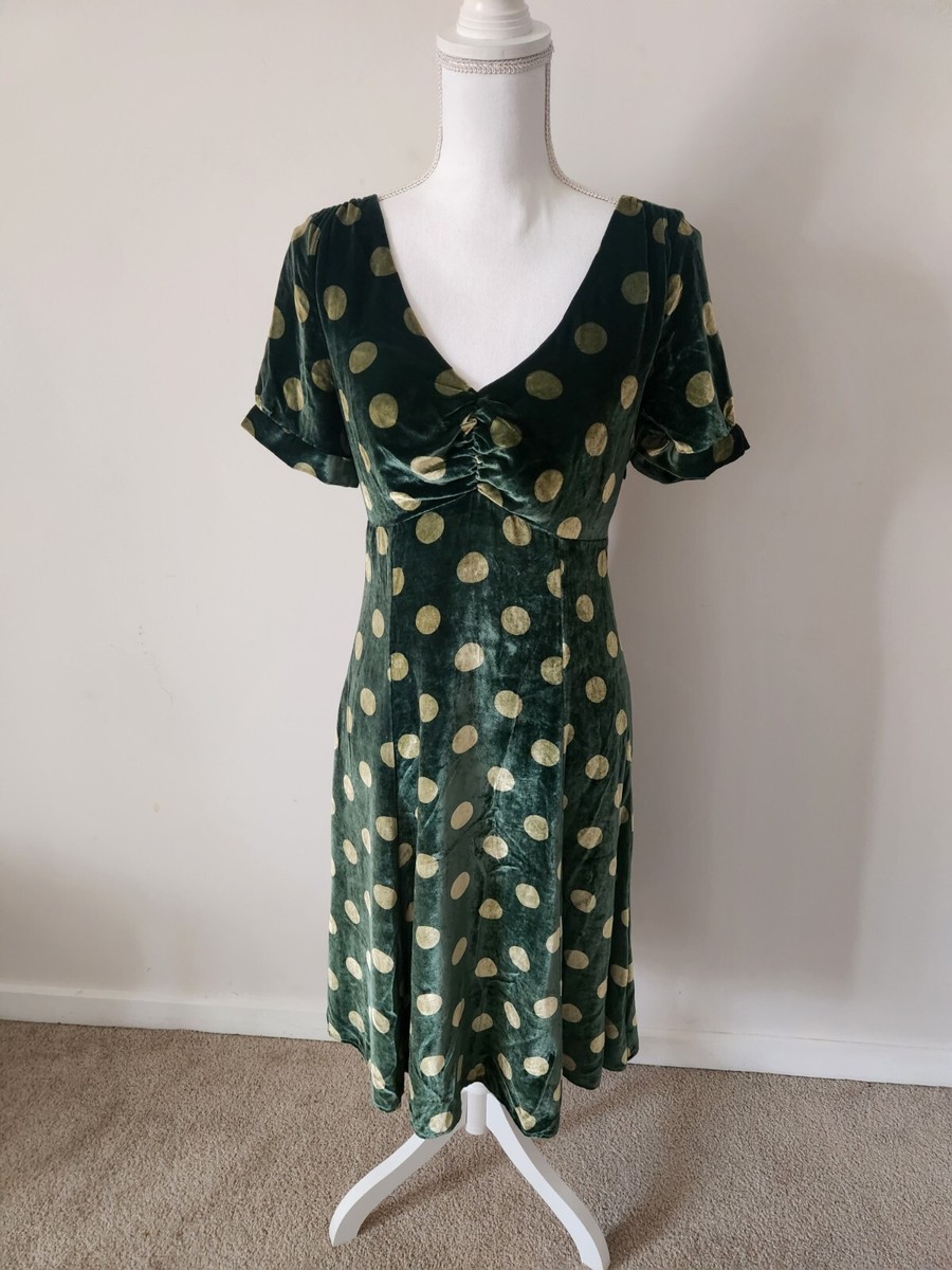 Stunning Boden Green Gold Poka Dot Dress Velvet Size 10 Cocktail Womens GC  | eBay UK