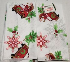 2 SAME KITCHEN MICROFIBER TOWELS (15" x 25") SNOWFLAKES & SANTA IN RED CAR, AM