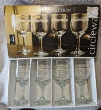 VTG New LIDO COLLECTION 4 PC 12 Oz Gold Rim Water GOBLET Wine Glass CIRCLEWARE