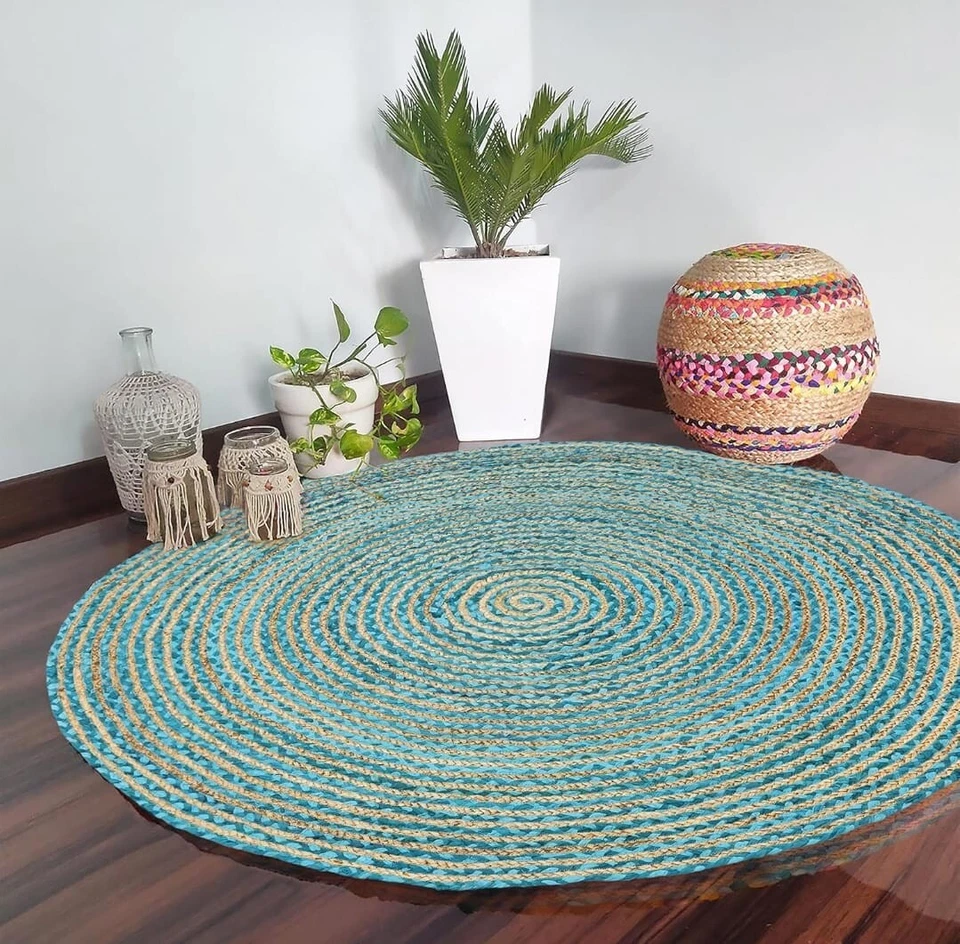 Home Decor Floor Mat Reversible Door Carpet Mat Blue Color Area Rug Round Rug - Image 2 of 3