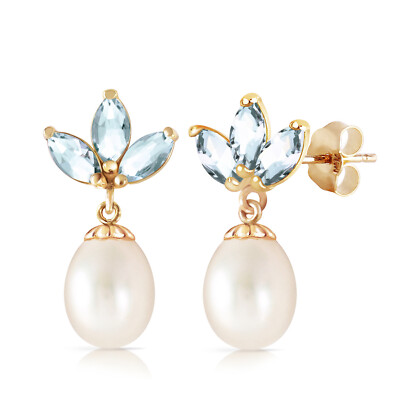 14K. GOLD BAUMELNDER OHRRING MIT PERLEN & AQUAMARINEN (Gelbgold)