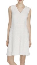 ELIE TAHARI 'Elliot'~ Ivory Linen Laser Cut V-Neck Flare Career Dress 8 NEW $398