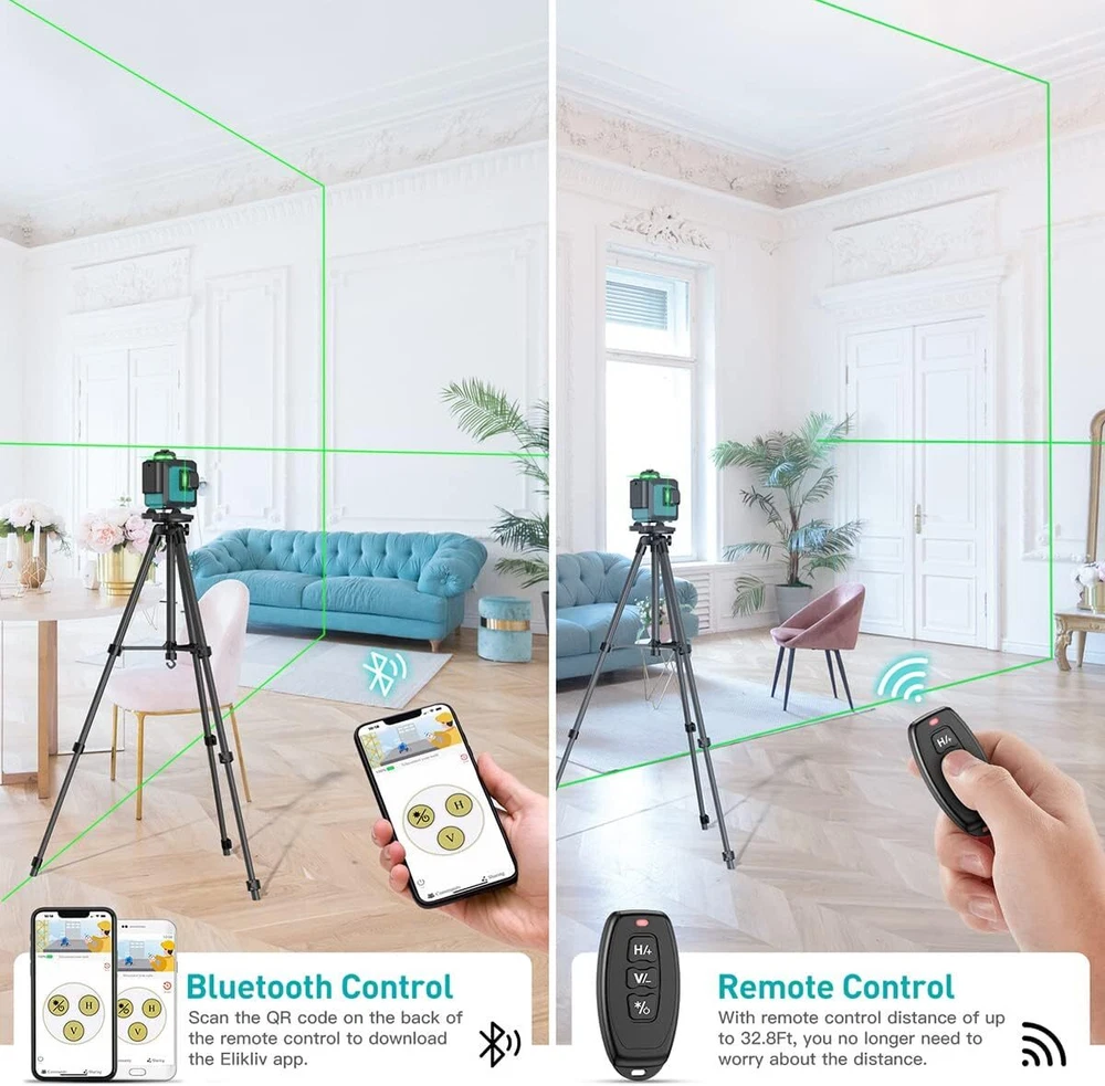 Elikliv 4x360 Cross Laser Level Bluetooth Connectivity + Receive 200FT Outdoor