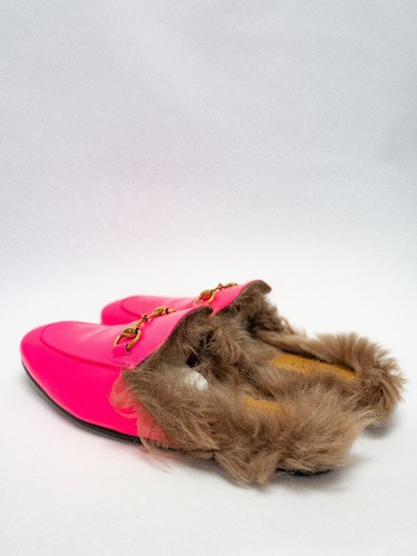 GUCCI Princetown Horsebit Neon Pink Loafer Wool Fur Mule Flat Slipper US8 EU 41 - Picture 10 of 10