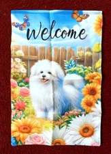 SALE~FLUFFY WHITE MALTESE DOG FLAG~ 11.5" X 17.5" WELCOME~LINEN~NEW