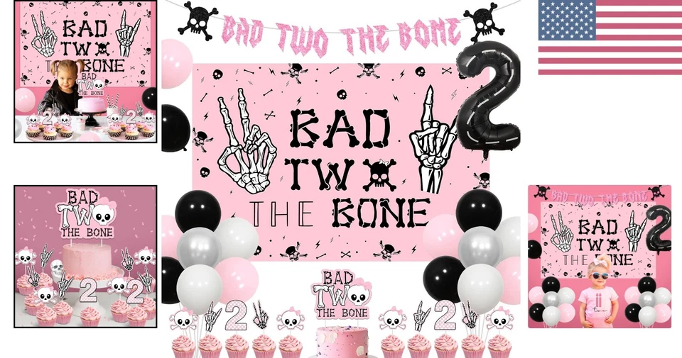 Decoraciones de cumpleaños rosa vibrante Bad Two the Bone - perfectas para un 2--viejo Foto 2 de 4