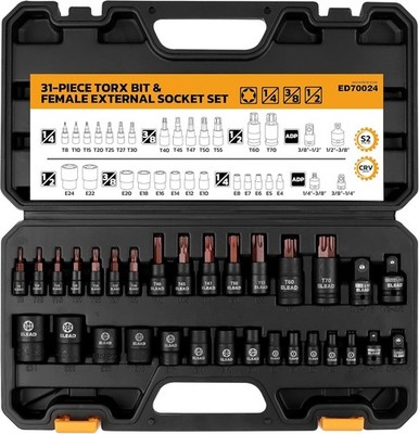 ELEAD 31Pc Torx Bit Socket Set T8-T70 E4-E24 Star Tool Kit S2 Steel