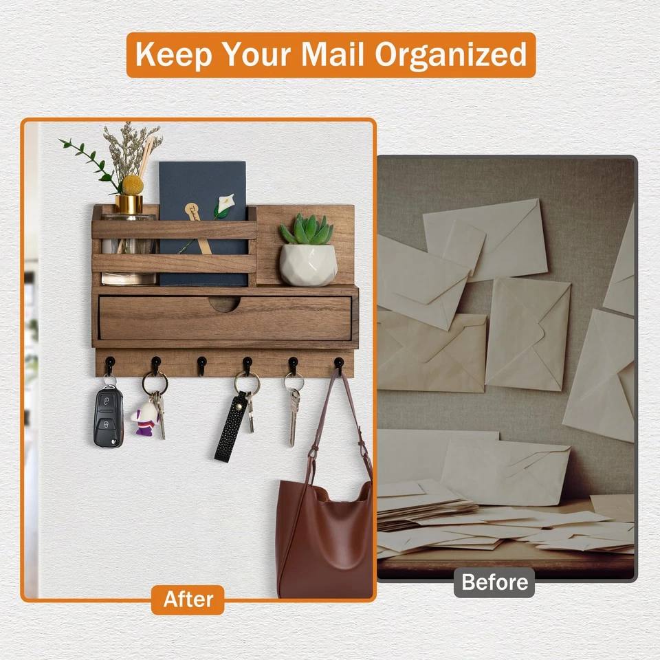 Key and Mail Holder for Wall, Mail Organizer Wall Mount with 6 Hooks and Stor... - Image 4 of 4
