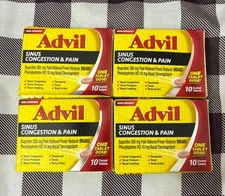 4PK Advil Sinus Congestion & Pain 200mg ~ 10 Coated Tablets Each ~ EXP 9/27