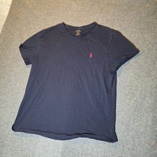 Polo Ralph Lauren V-Neck T-Shirt Cotton Navy Blue Red Pony Size Large Preppy 700