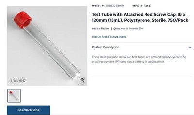 Test Tube With Attached Screw caps,16 X 120 mm(15 ml), Polystyrene,750/pack, Exp