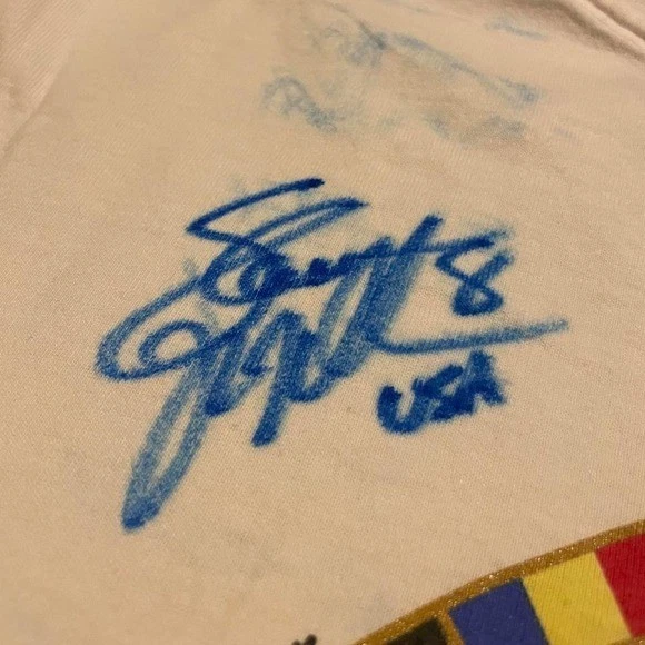 Camiseta blanca de colección firmada Shannon MacMillan 1996 Juegos Olímpicos de Atlanta banderas mundiales M Foto 3 de 4
