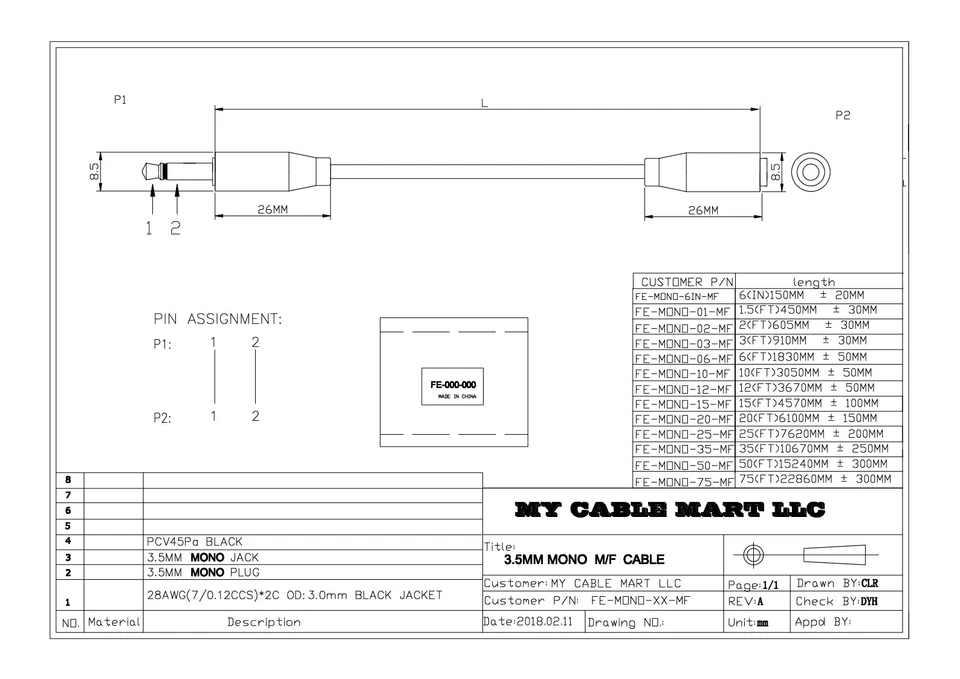 25ft 3.5mm SLIM MONO TS (2 conductor) Male to Female Audio EXTENSION Cable - Image 3 of 3