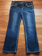 Grace In LA Womens Blue Denim Jeans Straight Leg Bling Flap Pockets Sz 39x30