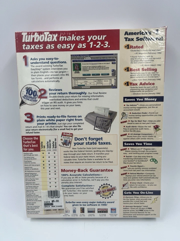 Quicken Turbo Tax 1996 Edición Final Para Windows 95 y Windows 3.1 NUEVO SELLADO Foto 2 de 4