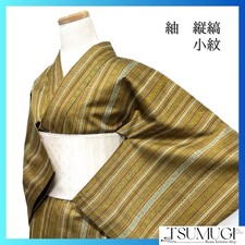 Tsumugi Small Pattern Pongee Kimono Vertical Stripes Arabesque Arc Rhombus Japa