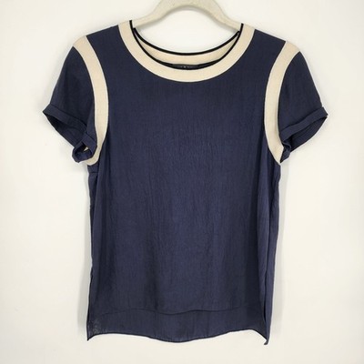 rag & bone Color Block Trim Short Sleeve Top Womens Small Navy Blue Triacetate