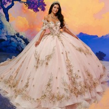 Pink Princess Quinceanera Dresses Shiny Gold Lace Appliques Ball Gowns Sweet 16