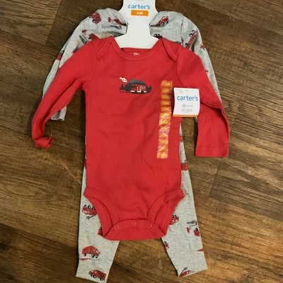 Carters Baby Boy 3 Pc Set 2 Long Sleeve One Piece 1 Pants Fire Trucks Sz 12 M