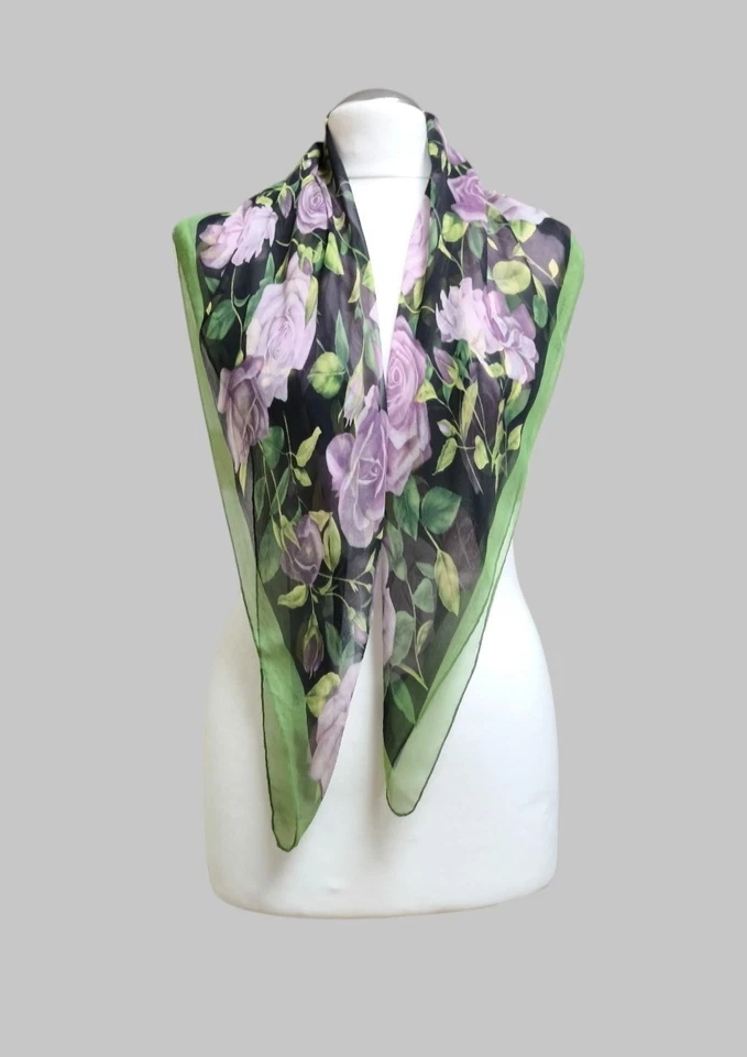 DOLCE & GABBANA Verde Negro Púrpura Seda Gasa Bufanda Floral USADA SIN ETIQUETA Foto 3 de 4