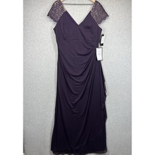 X by Xscape Gown Womens 16 Plum Purple Lace Cap Ruched Maxi Evening Dress