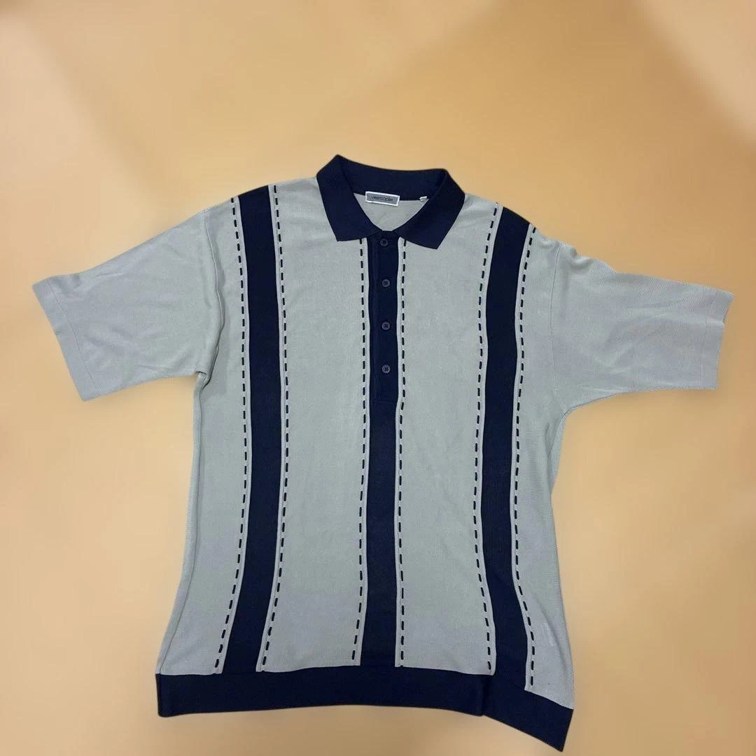 Vestopia Knit Polo Shirt L Size Gray Navy Stripes Button Design image 2